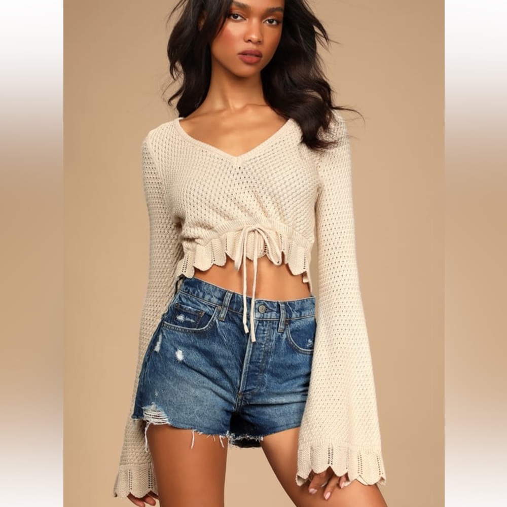 Lulus Total Frills Beige Knit Drawstring Bell Sleeve Cropped Sweater Top Small